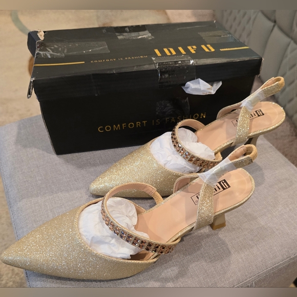 IDIFU Women's Gold Glitter Slingback Heels Size 8 - Picture 1 of 7